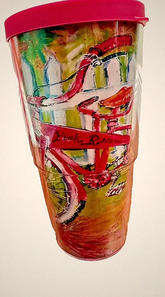 Leoma Lovegrove Tervis Tumbler 24 Oz w Lid 'Pink Racer' Tandem Bicycle Rare EUC