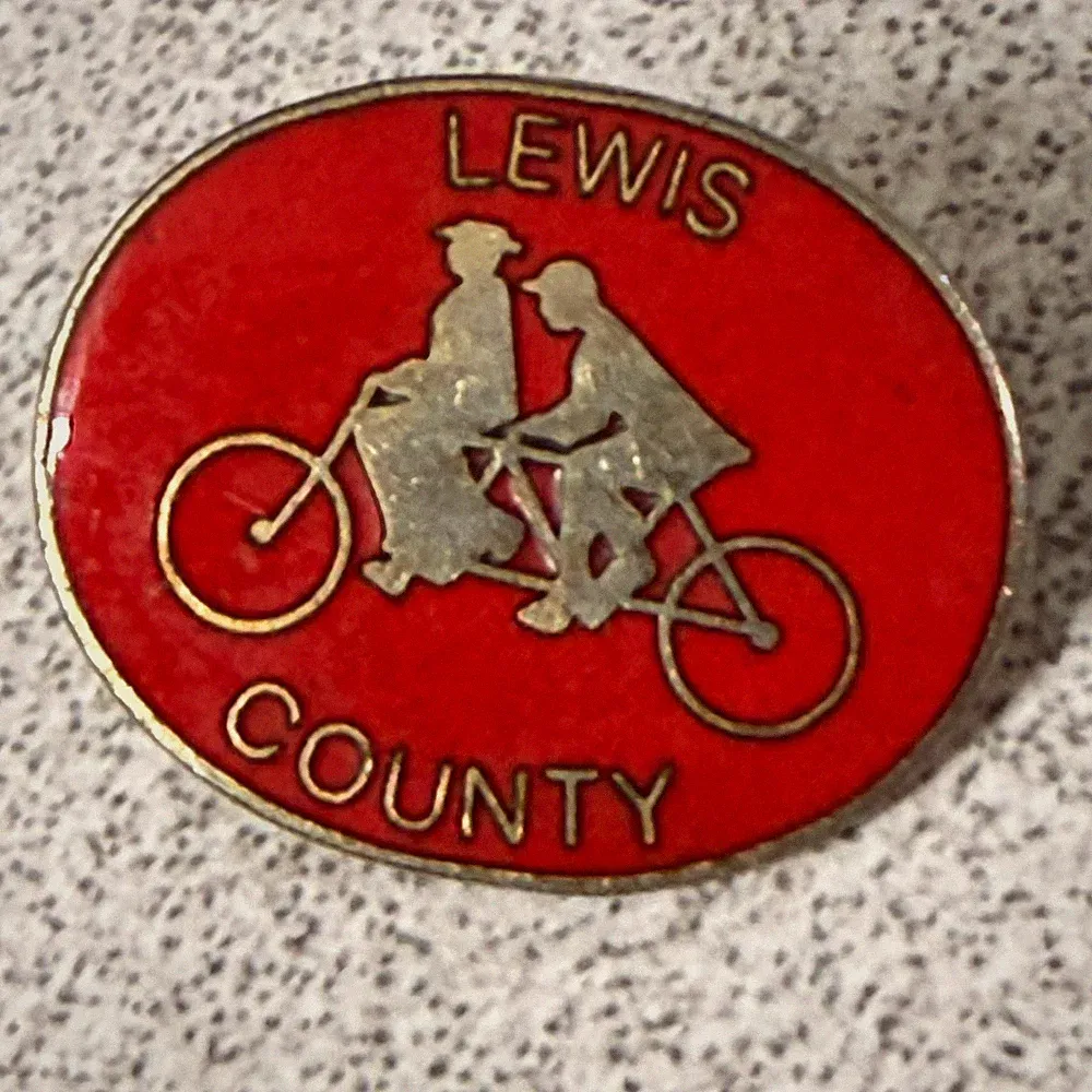 Lewis County Tandem Bicycle Pinback Lapel Pin Red Gold Enamel Collectible
