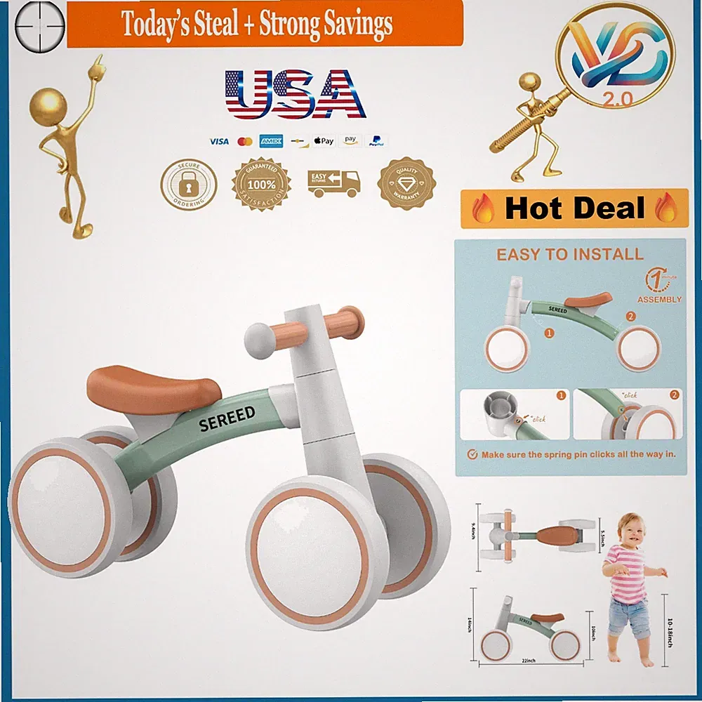 Lightweight Baby Balance Bike for 12-24 Toddler Green Aluminum 4 Wheels