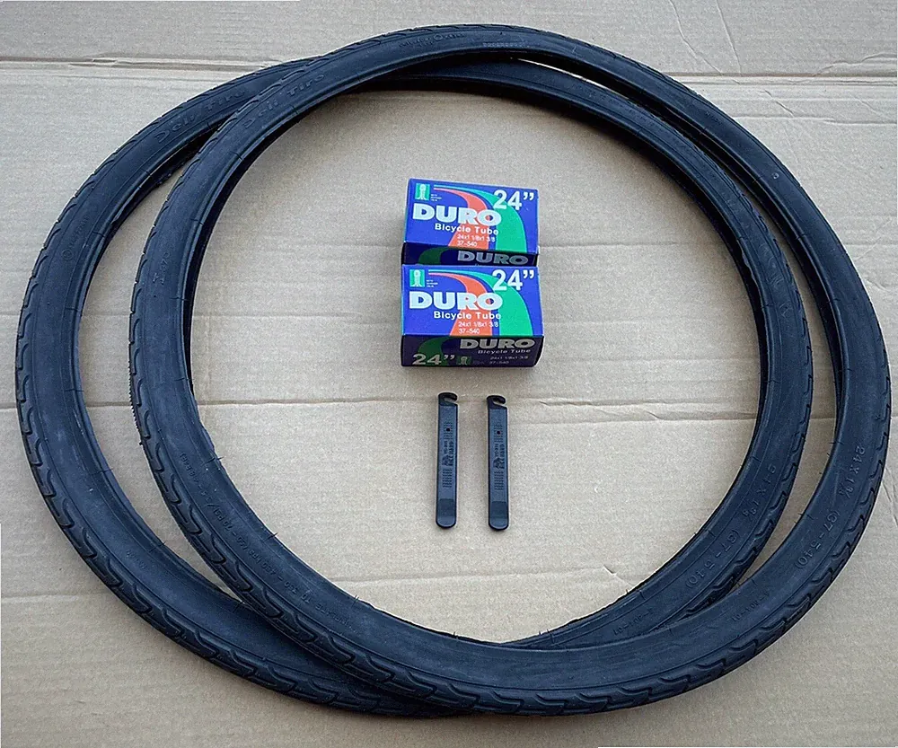 Pair of 24 x 1 3/8 Bicycle All Black Tires + Inner Tubes Road Semi Slick